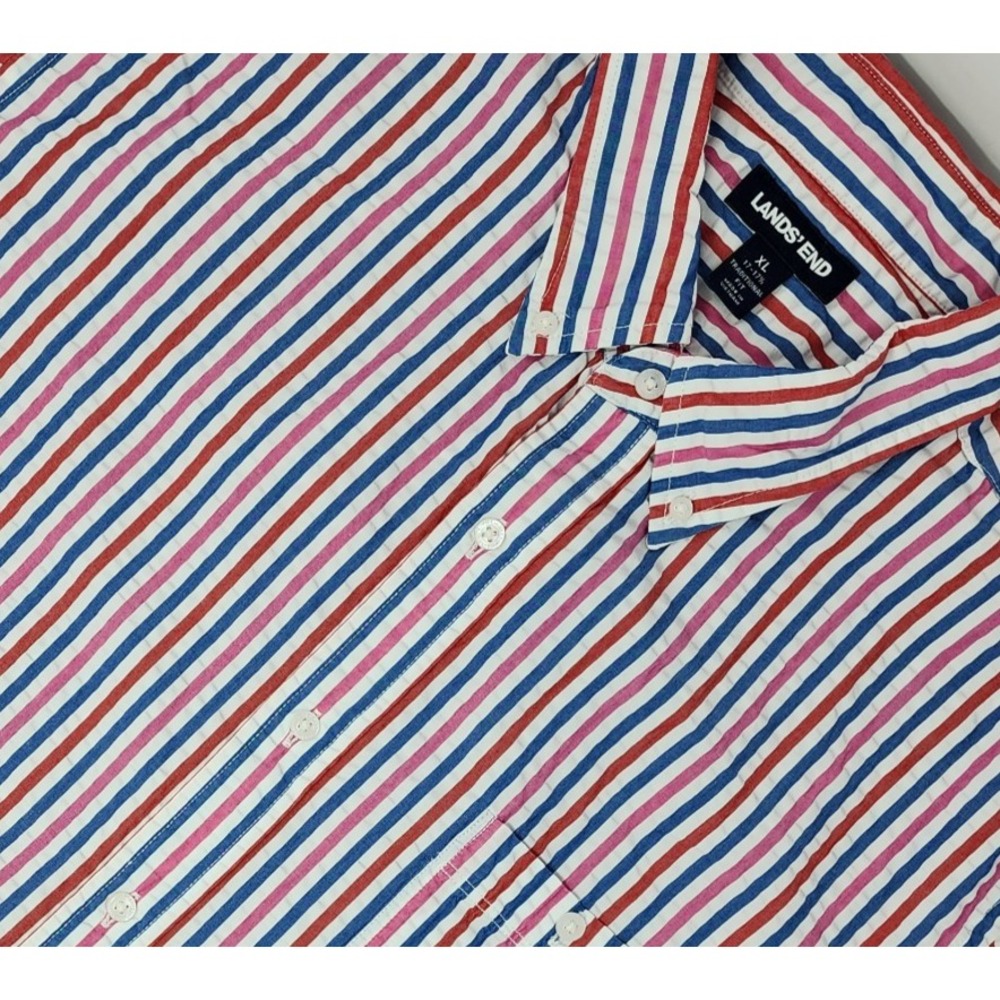 Lands' End Shirt Men's XL Striped SS Button Up‎ Seersucker Traditional Fit Beach
